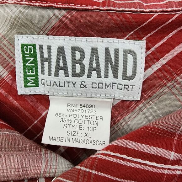 Haband Men Shirt Size XL Short Sleeve Pearl Snap Front Red Plaid Pockets Western - Picture 9 of 10